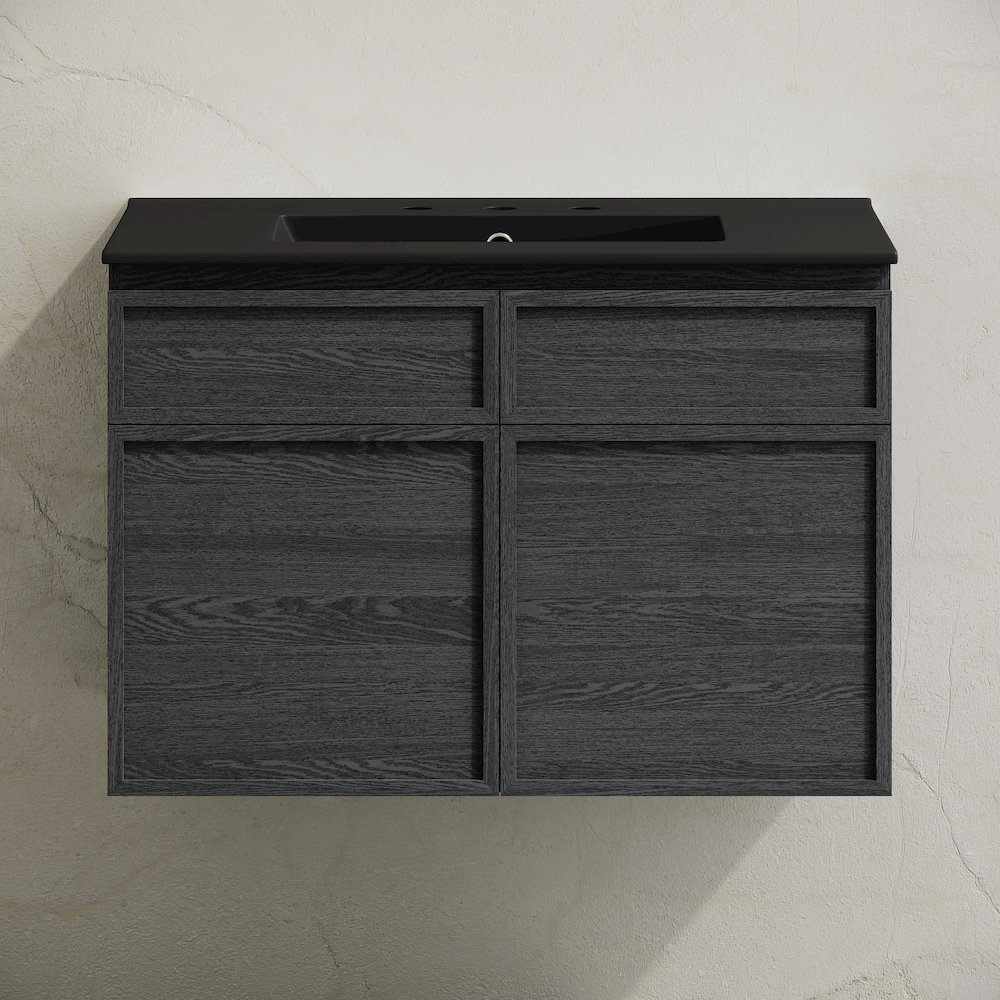 30" Wall-Mounted Bathroom Vanity in Black Oak with Black Widespread Sink Top. Picture 5