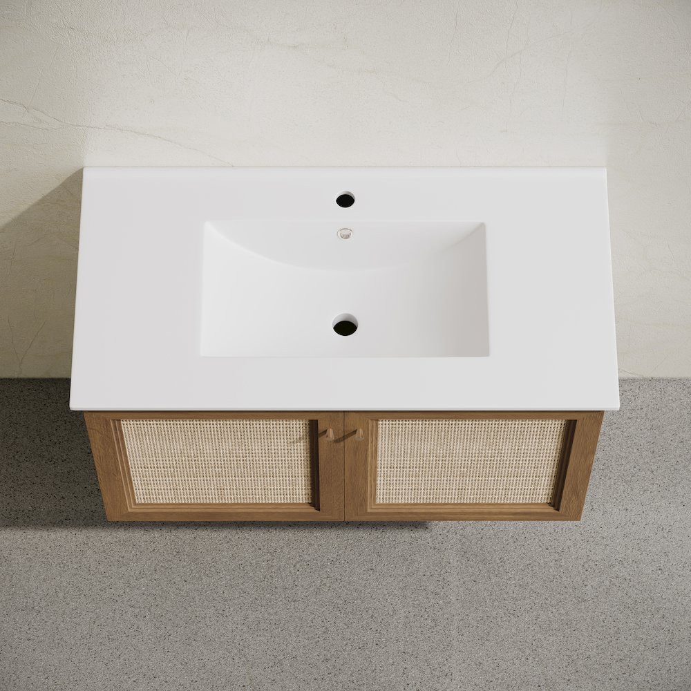 36" Wall-Mounted Bathroom Vanity in Brown Oak with Single Faucet Hole Vanity Top. Picture 4