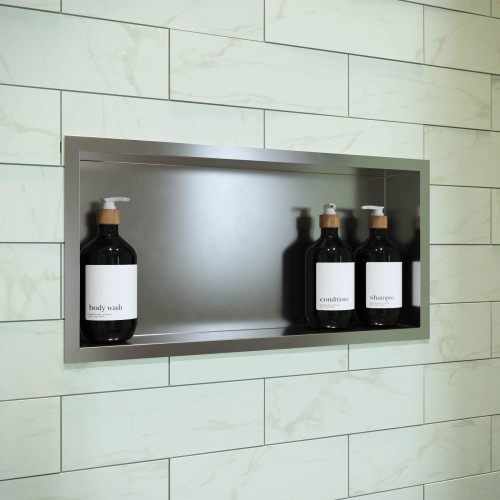 Voltaire 12" x 24" Stainless Steel Single Shelf Wall Niche in Matte Chrome. Picture 3