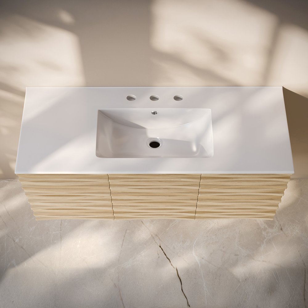 48" Wall-Mounted Bathroom Vanity in Natural Oak with 3-Hole Widespread Sink Top. Picture 4