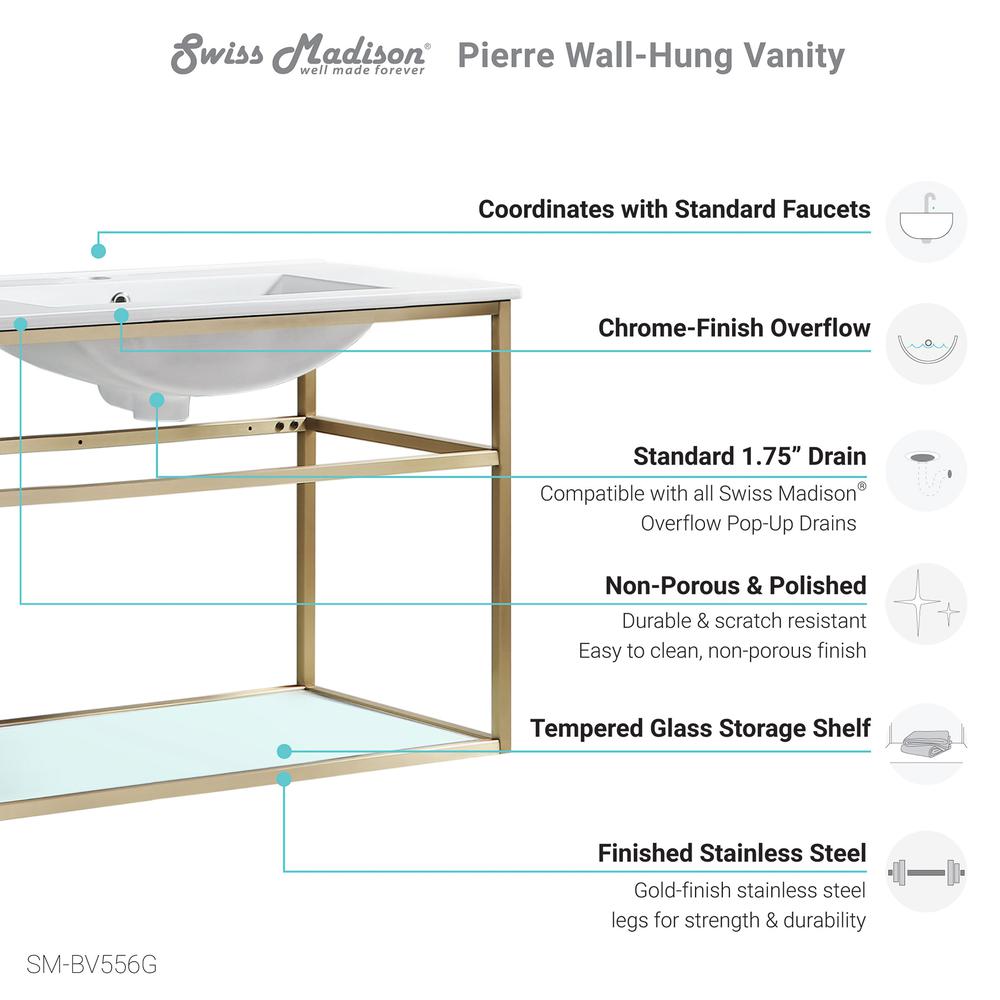 Pierre 30 Single, Open Shelf, Gold Metal Frame Bathroom Vanity. Picture 8