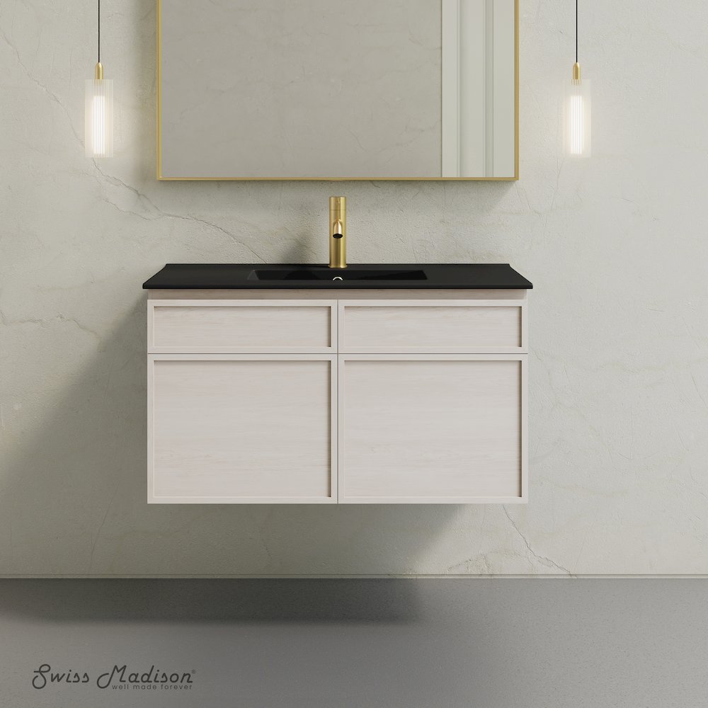 St. Tropez 36" Wall-Mounted Bathroom Vanity in White Oak with Black Sink Top. Picture 2