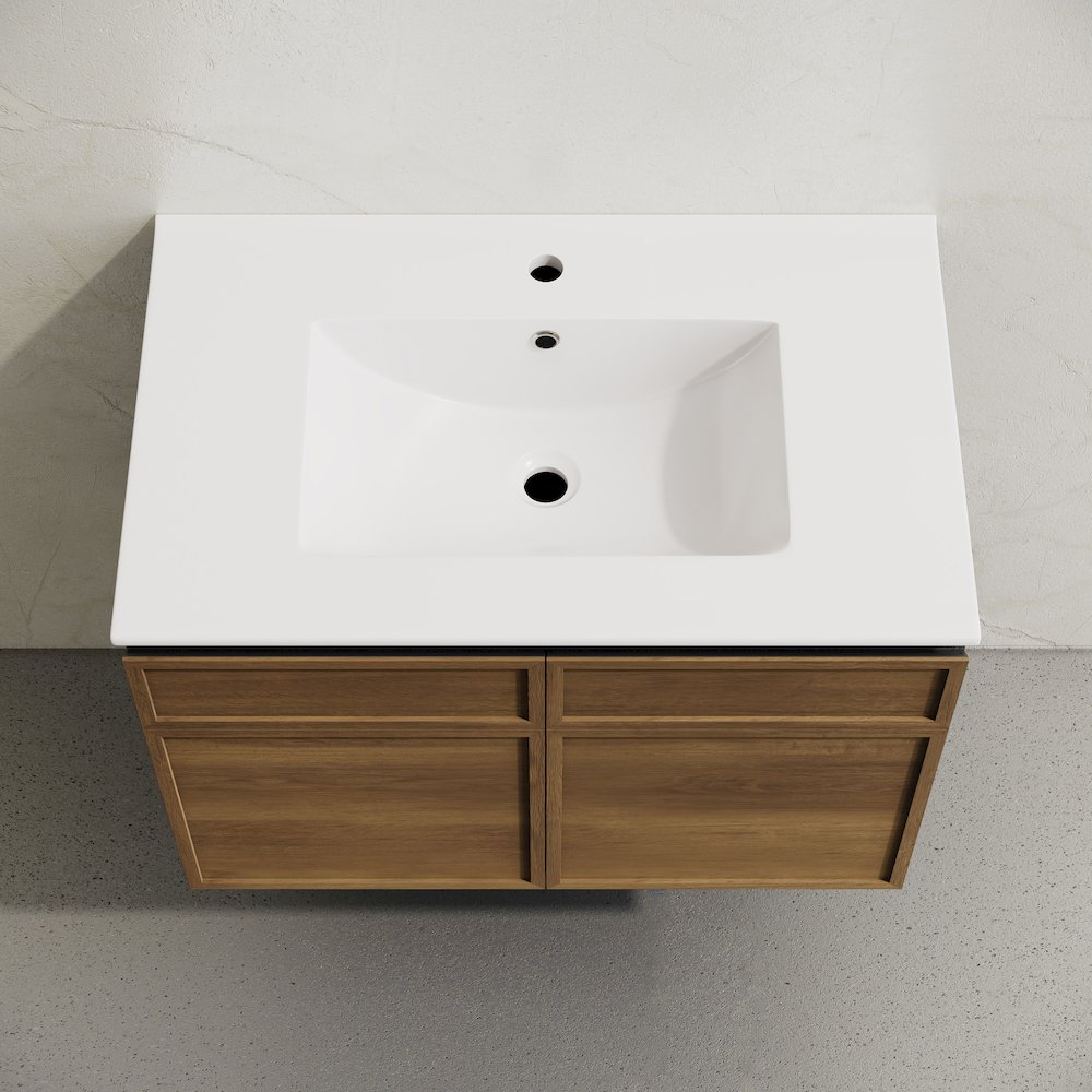 St. Tropez 30" Wall-Mounted Bathroom Vanity in Brown Oak with Sink Top. Picture 4