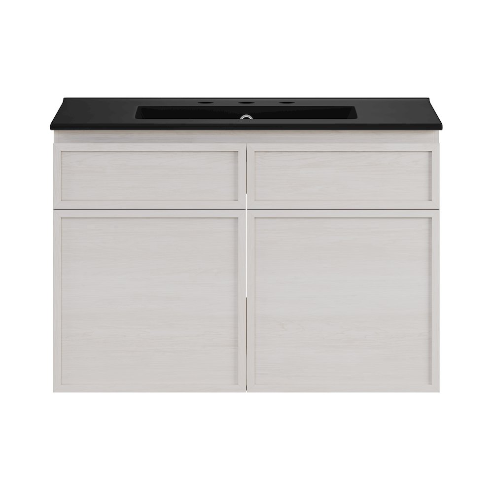 30" Wall-Mounted Bathroom Vanity in White Oak with Black Widespread Sink Top. Picture 1