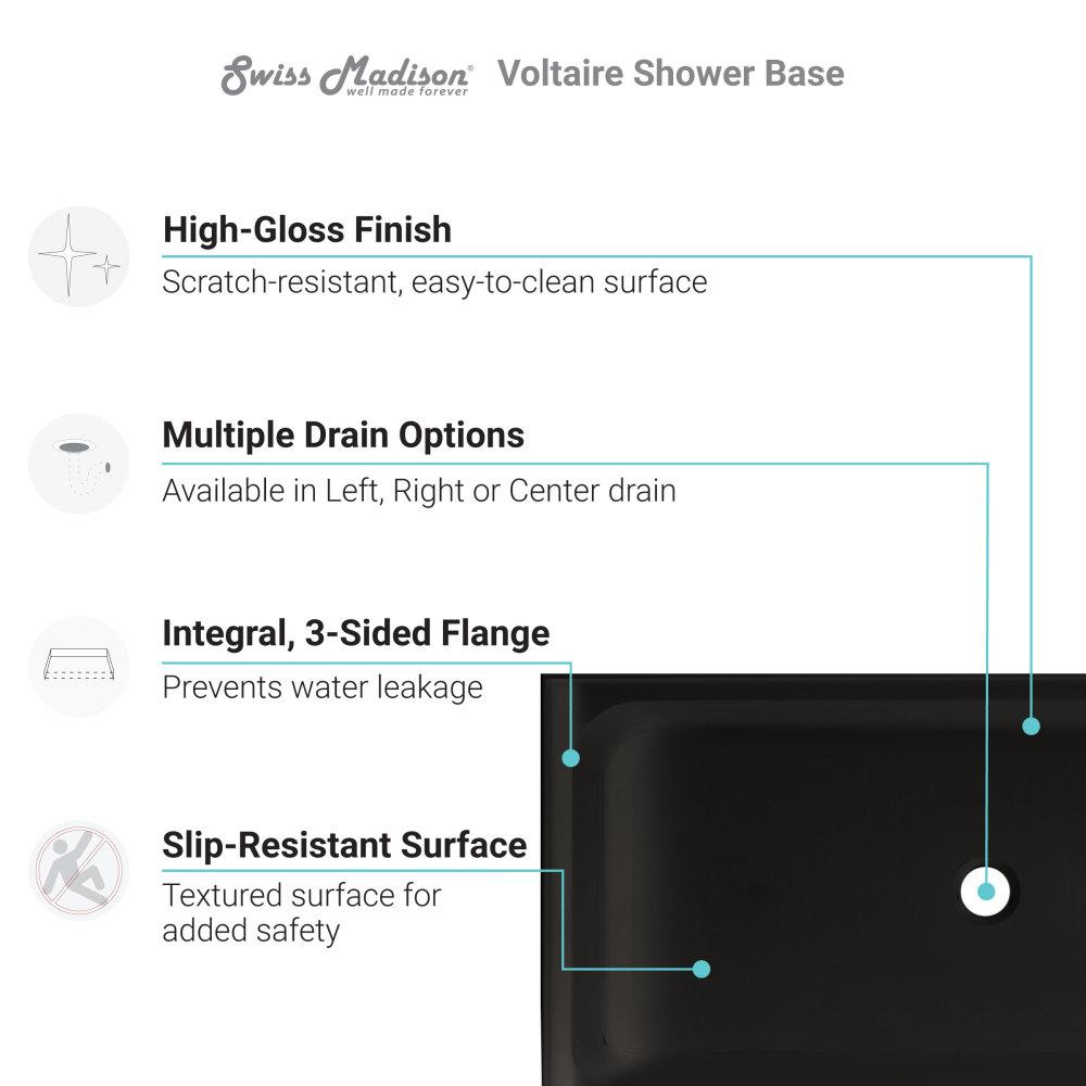 Voltaire 60" x 36" Acrylic Black, Single-Threshold, Right Drain, Shower Base. Picture 3
