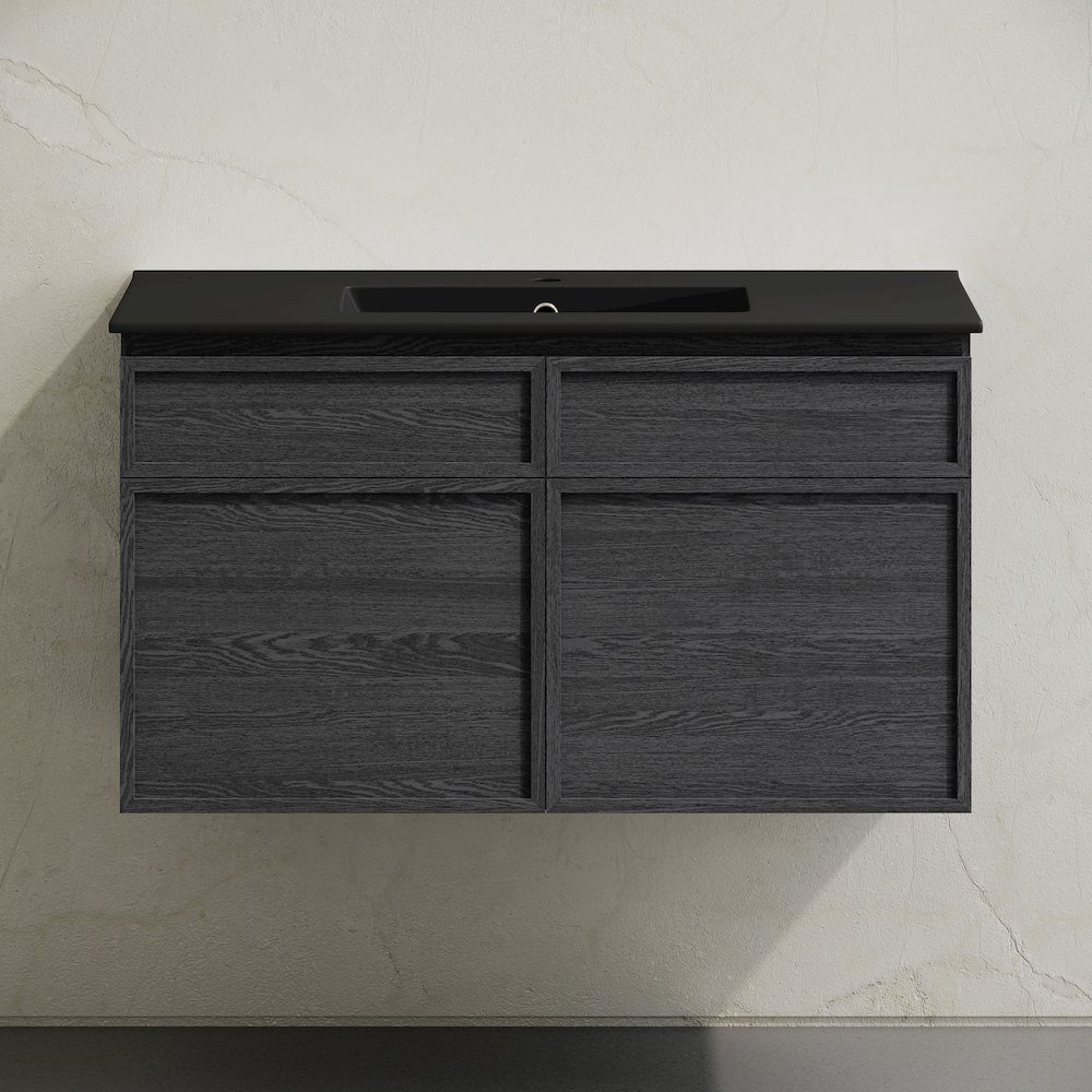 St. Tropez 36" Wall-Mounted Bathroom Vanity in Black Oak with Black Sink Top. Picture 6