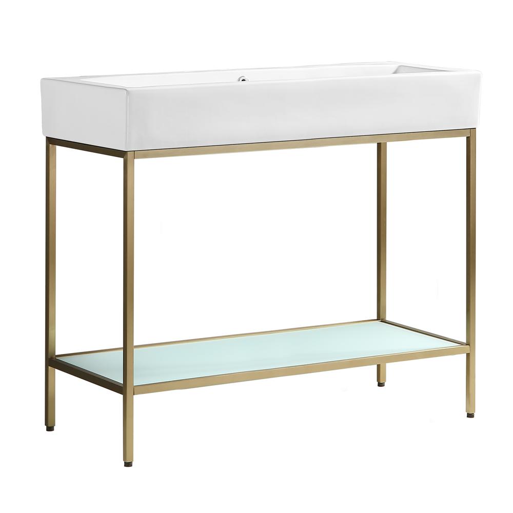 Pierre 40 Single, Freestanding, Open Shelf, Gold Metal Frame Bathroom Vanity. Picture 2