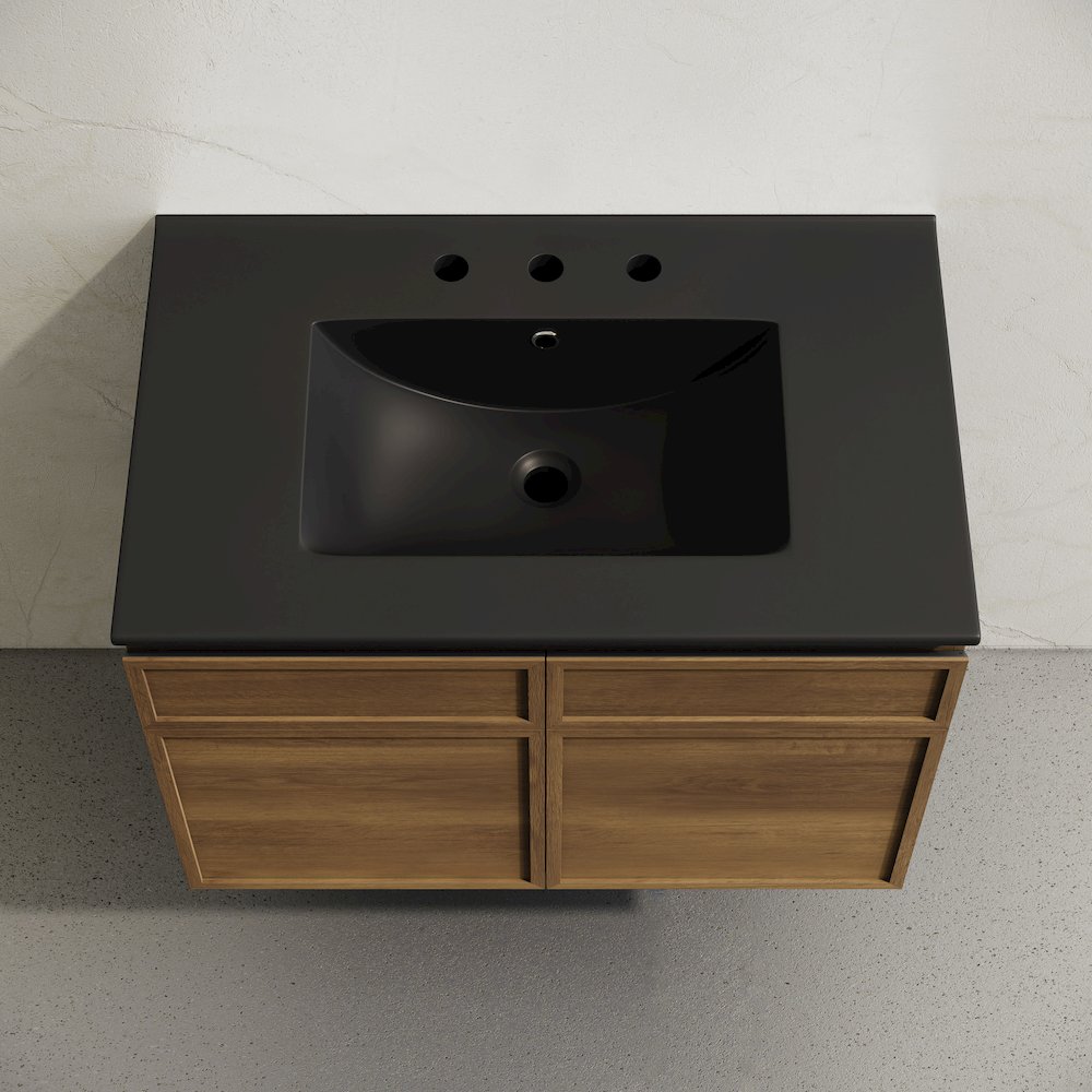 30" Wall-Mounted Bathroom Vanity in Brown Oak with Black Widespread Sink Top. Picture 3