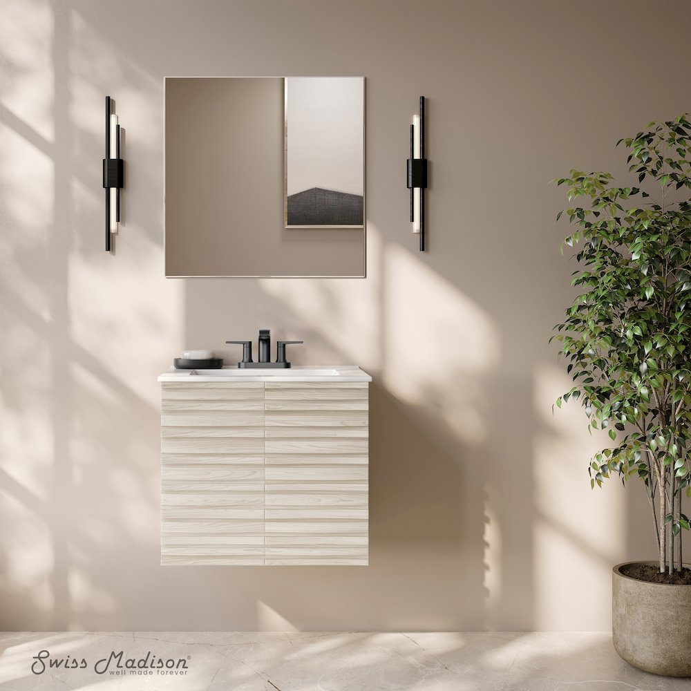 Cascade Wall-Mounted Bathroom Vanity in White Oak with 3-Hole Centerset Sink Top. Picture 2