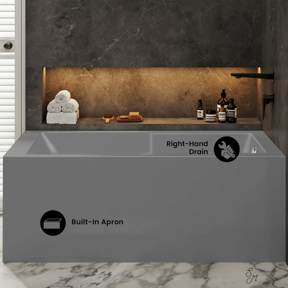 Voltaire 60 x 32 Right Drain Soaking Alcove Corner Apron Bathtub in Matte Gray. Picture 6