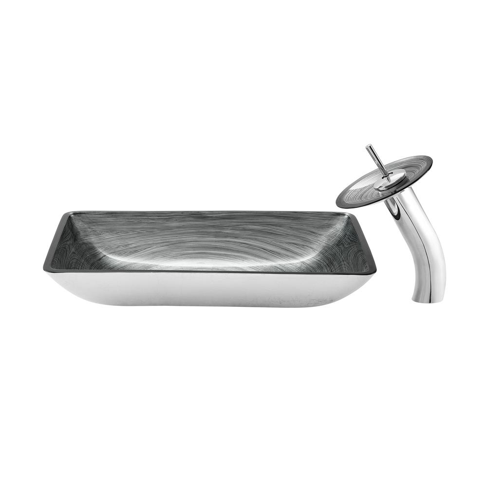 Cascade Rectangular Glass Vessel Sink with Faucet, Smoky Grey. Picture 1