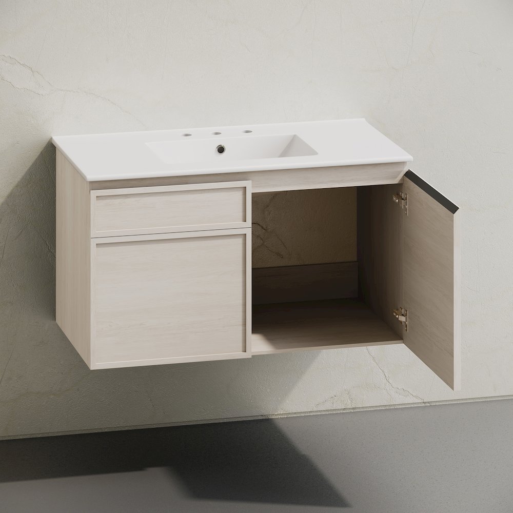 36" Wall-Mounted Bathroom Vanity in White Oak with 3-Hole Widespread Sink Top. Picture 4