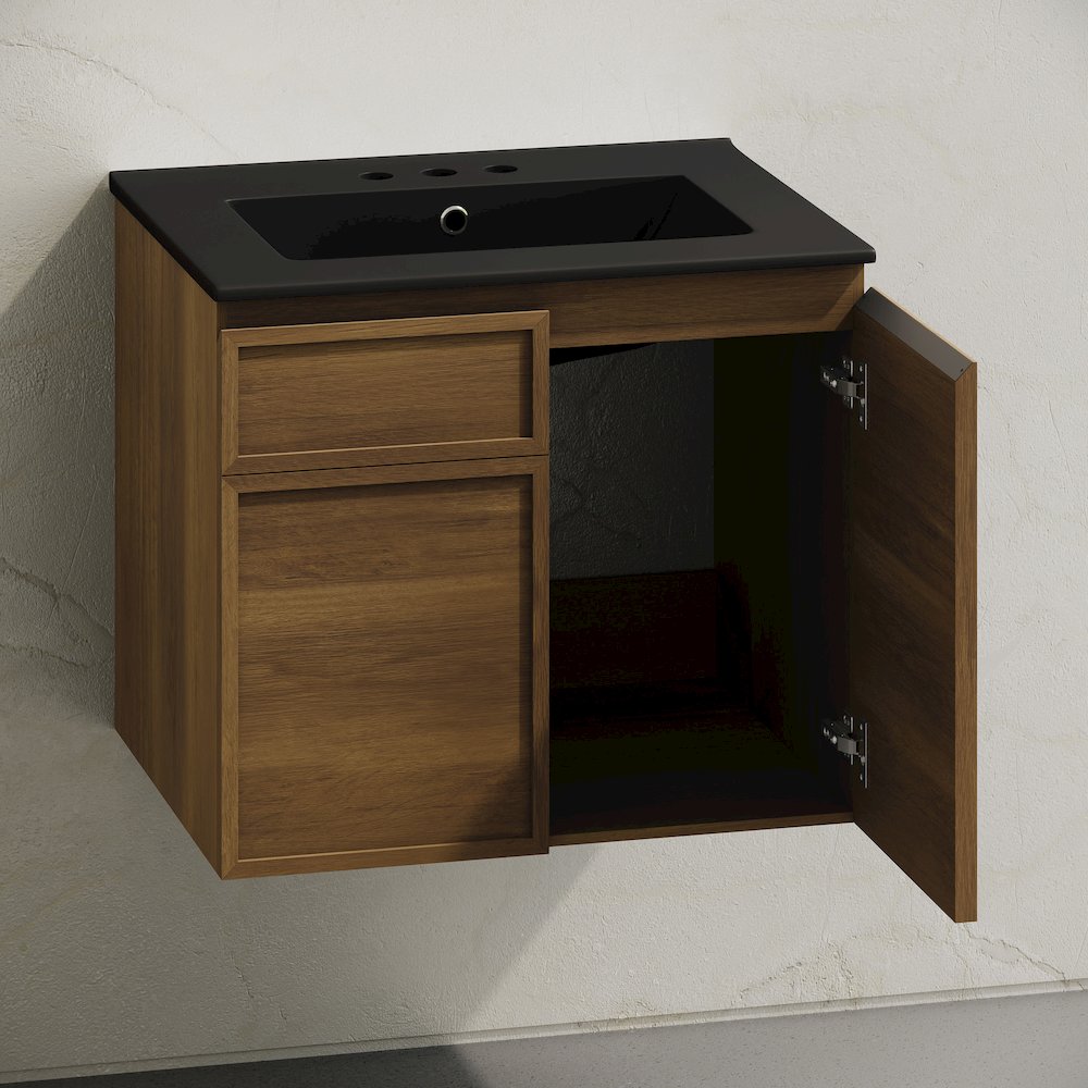 24" Wall-Mounted Bathroom Vanity in Brown Oak with Black Widespread Sink Top. Picture 4