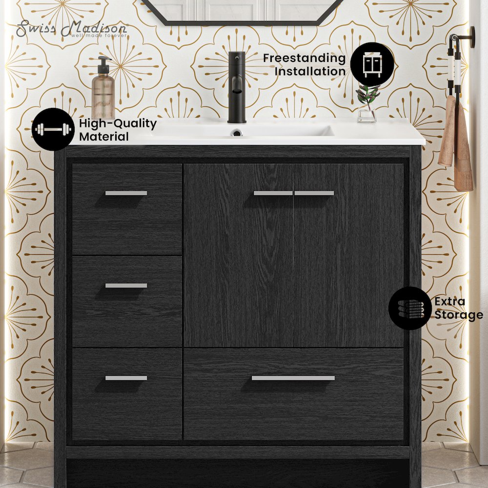 Virage 36" Freestanding Bathroom Vanity in Black Oak with Sink Top. Picture 8