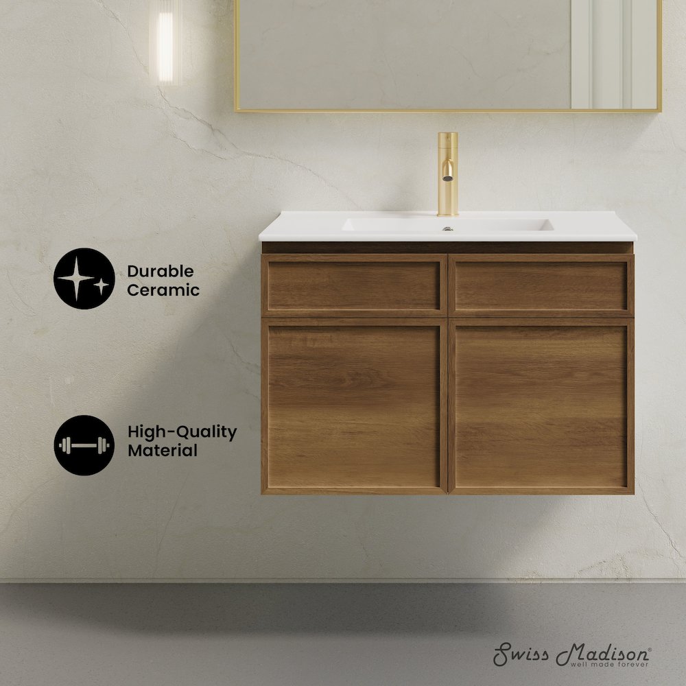 St. Tropez 30" Wall-Mounted Bathroom Vanity in Brown Oak with Sink Top. Picture 8