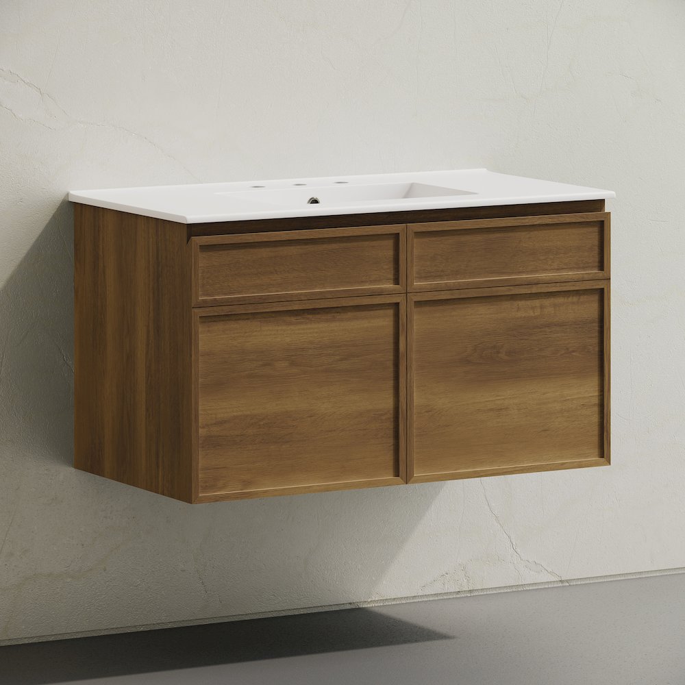36" Wall-Mounted Bathroom Vanity in Brown Oak with 3-Hole Widespread Sink Top. Picture 2