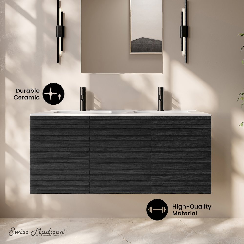 Cascade 48" Wall-Mounted Bathroom Vanity in Black Oak with Double Basin Sink Top. Picture 8