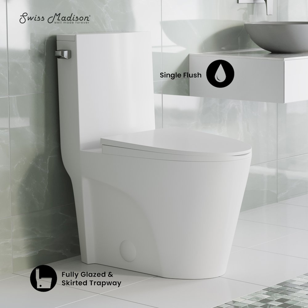 One-Piece 14" Rough-in 1.28 GPF Left Flush Elongated Toilet in Glossy White. Picture 2
