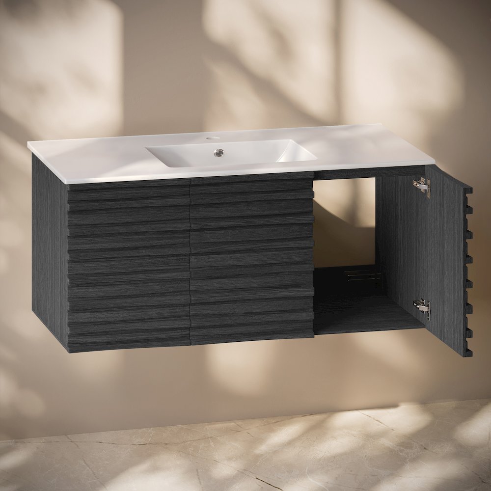 Cascade 48" Wall-Mounted Bathroom Vanity in Black Oak with Sink Top. Picture 5