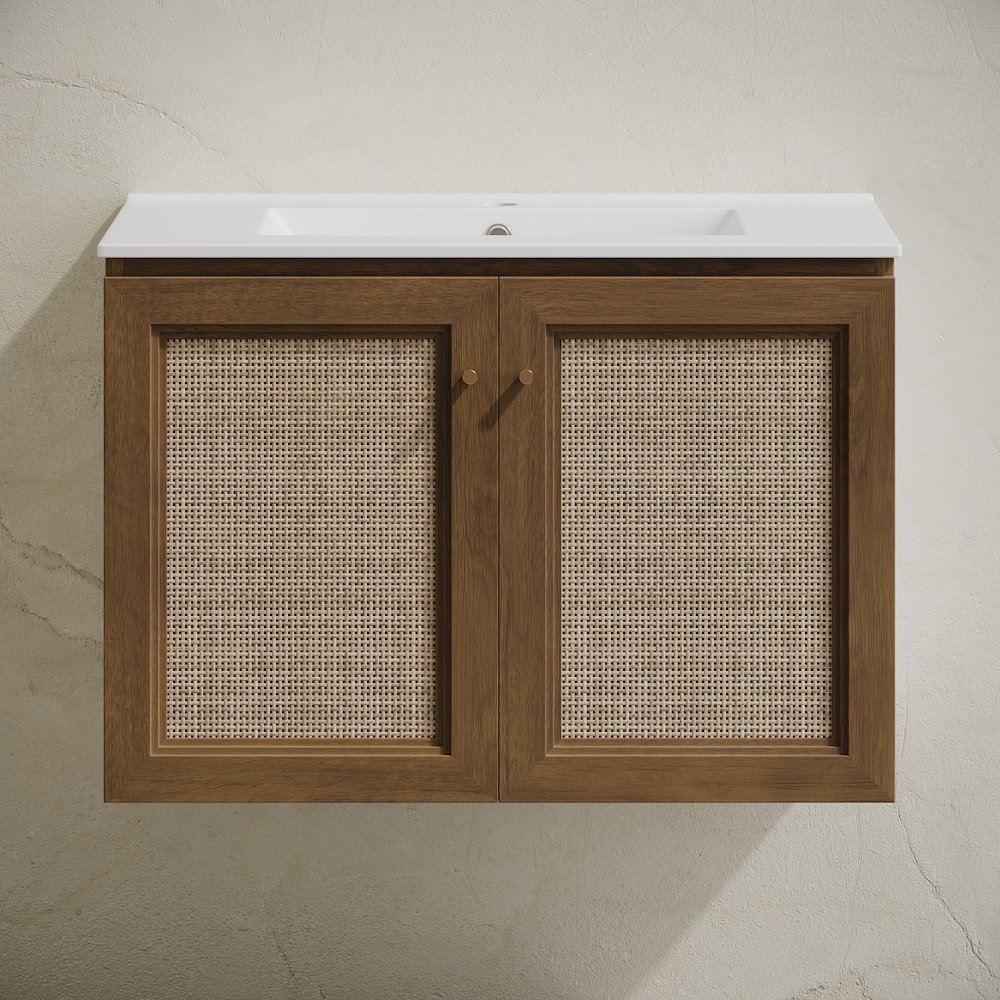 30" Wall-Mounted Bathroom Vanity in Brown Oak with Single Faucet Hole Vanity Top. Picture 5