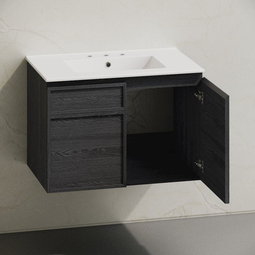 30" Wall-Mounted Bathroom Vanity in Black Oak with 3-Hole Widespread Sink Top. Picture 4