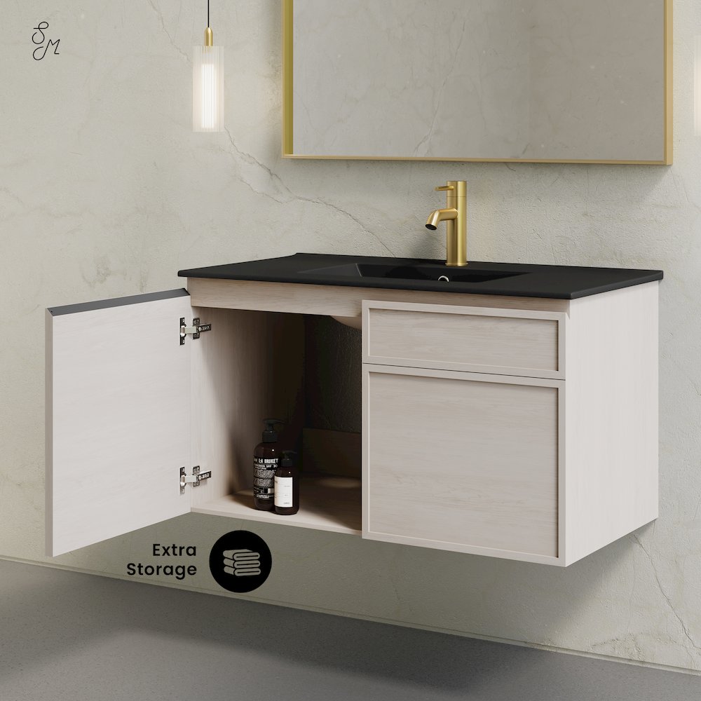 St. Tropez 36" Wall-Mounted Bathroom Vanity in White Oak with Black Sink Top. Picture 9