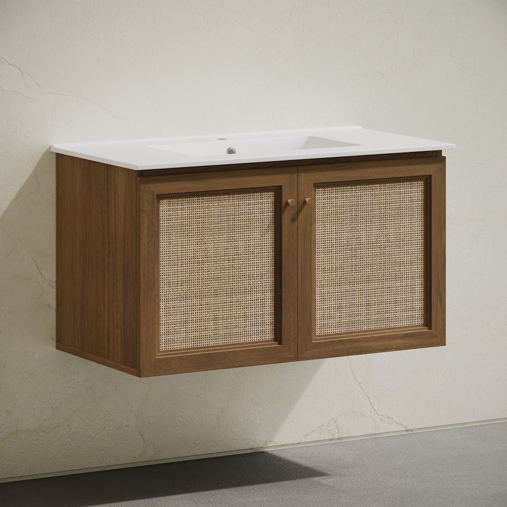 36" Wall-Mounted Bathroom Vanity in Brown Oak with Single Faucet Hole Vanity Top. Picture 3