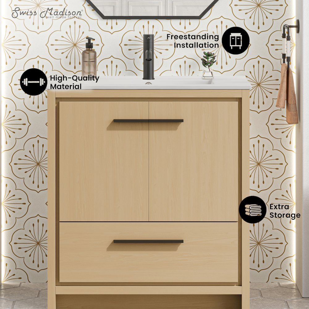 Virage 30" Freestanding Bathroom Vanity in Natural Oak with Sink Top. Picture 8