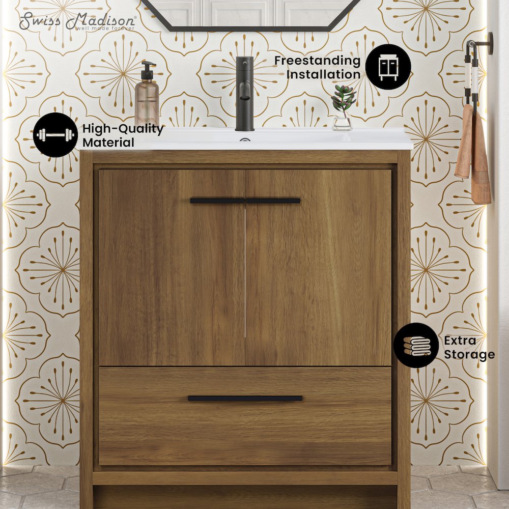 Virage 30" Freestanding Bathroom Vanity in Brown Oak with Sink Top. Picture 8