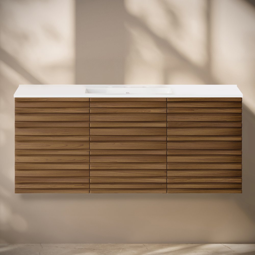 48" Wall-Mounted Bathroom Vanity in Brown Oak with 3-Hole Widespread Sink Top. Picture 6