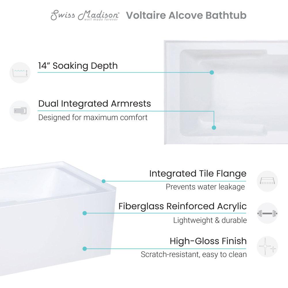 Voltaire 54" x 30" Left-Hand Drain Alcove Bathtub with Apron & Armrest. Picture 3