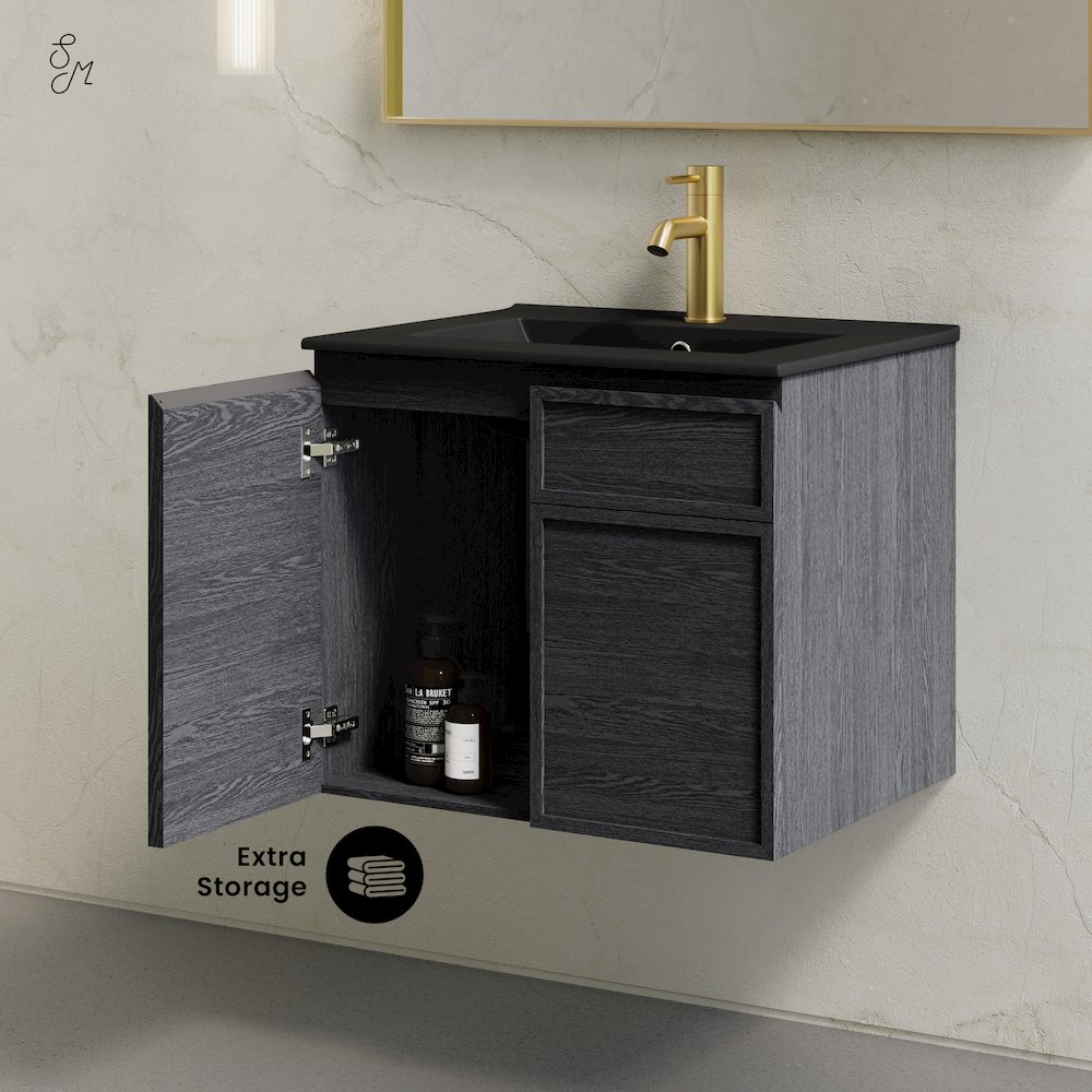 St. Tropez 24" Wall-Mounted Bathroom Vanity in Black Oak with Black Sink Top. Picture 9