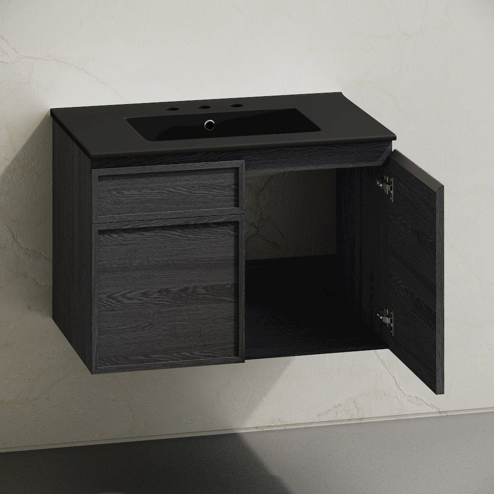 30" Wall-Mounted Bathroom Vanity in Black Oak with Black Widespread Sink Top. Picture 4