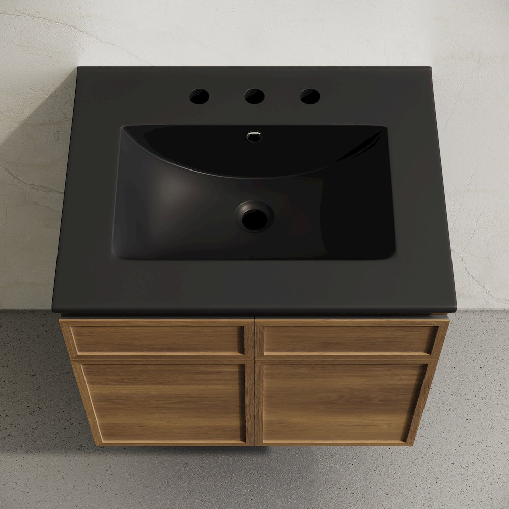 24" Wall-Mounted Bathroom Vanity in Brown Oak with Black Centerset Sink Top. Picture 3