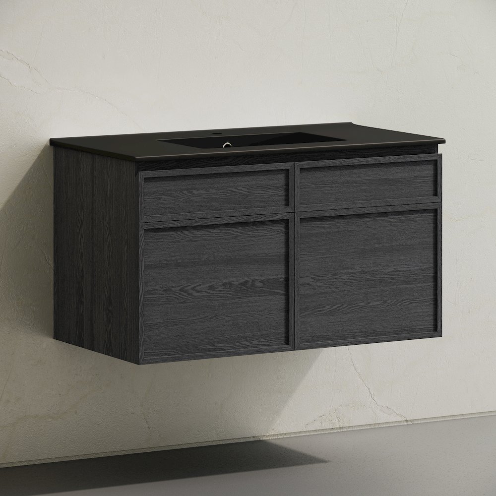 St. Tropez 36" Wall-Mounted Bathroom Vanity in Black Oak with Black Sink Top. Picture 3
