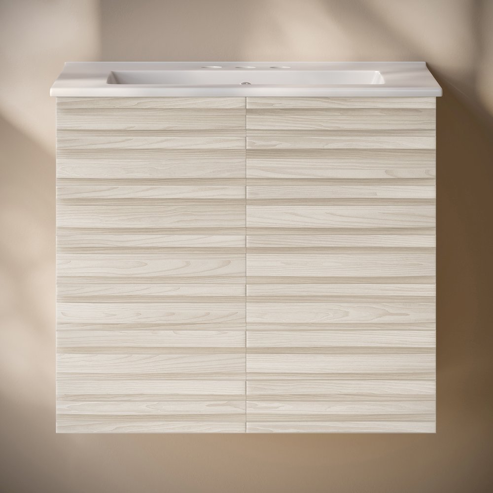 Cascade Wall-Mounted Bathroom Vanity in White Oak with 3-Hole Centerset Sink Top. Picture 6