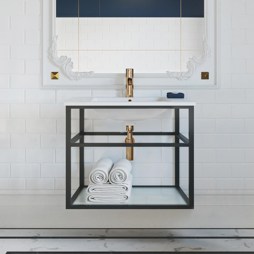 Pierre 30 Single, Open Shelf, Matte Black Metal Frame Bathroom Vanity. Picture 20
