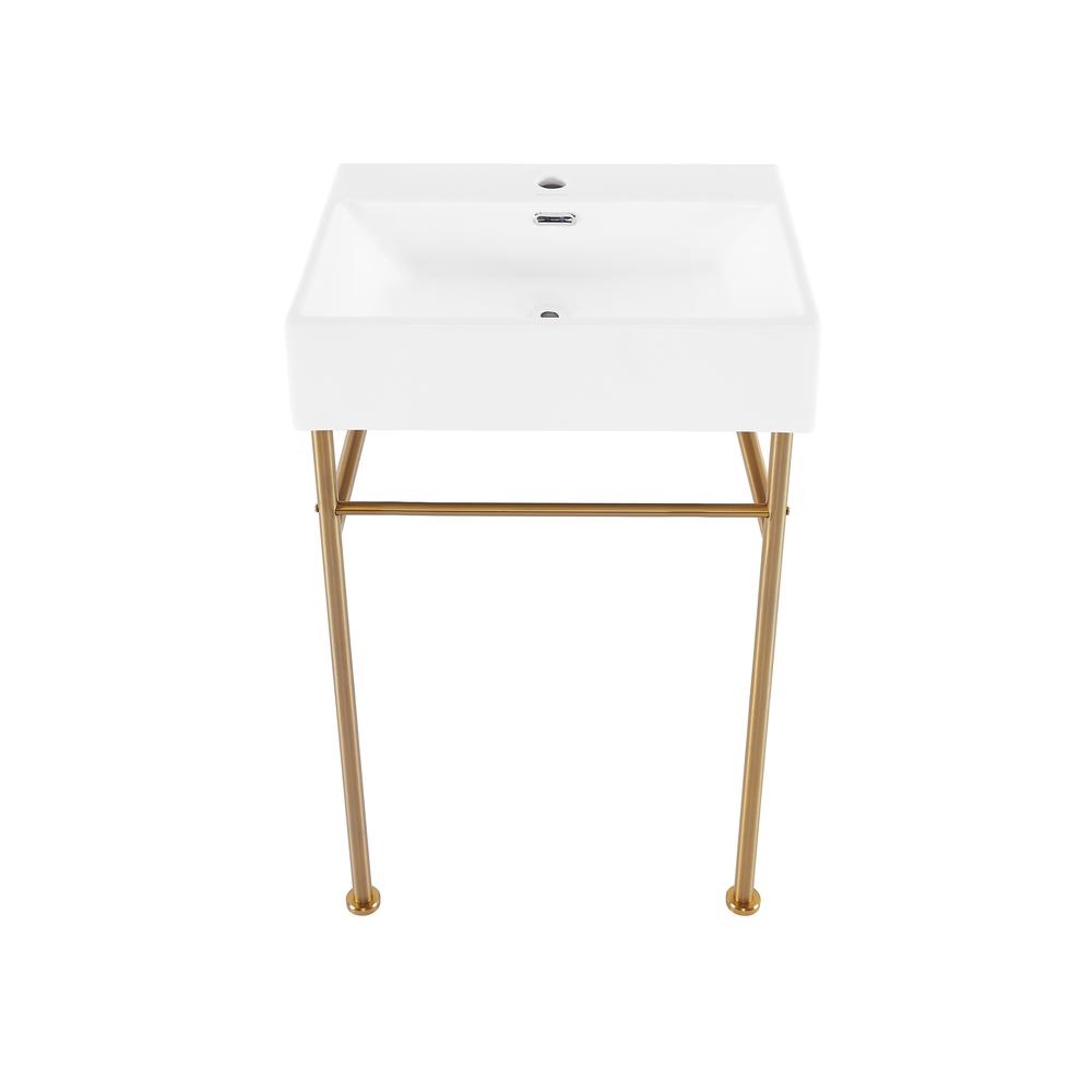 Claire 24 Ceramic Console Sink White Basin Brushed Gold Legs. Picture 1