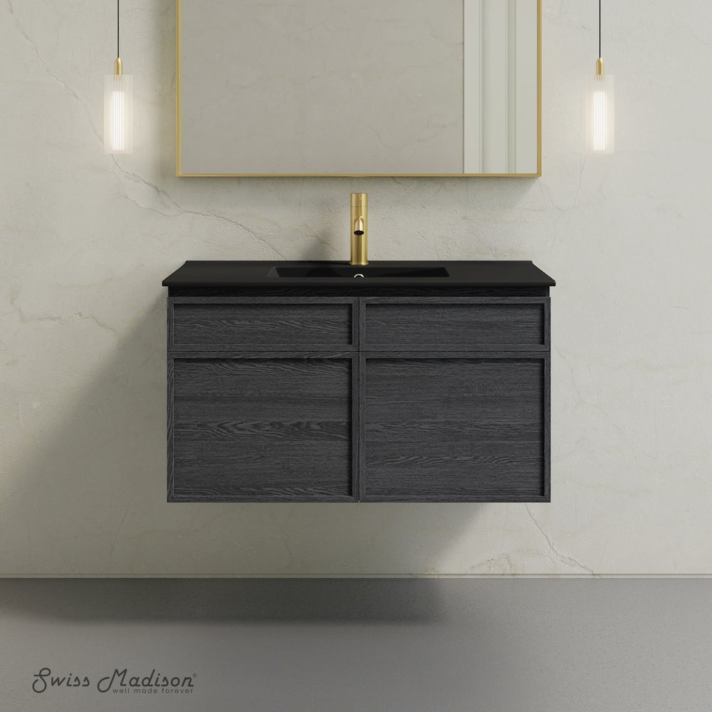 St. Tropez 36" Wall-Mounted Bathroom Vanity in Black Oak with Black Sink Top. Picture 2