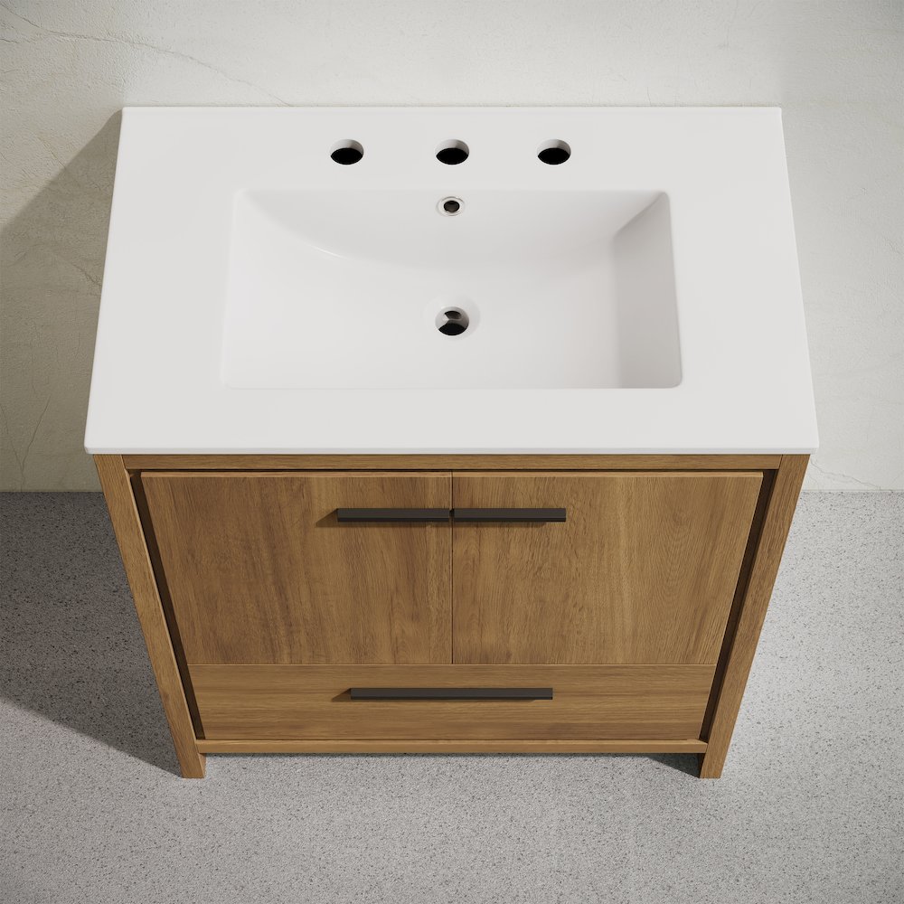 Virage Freestanding Bathroom Vanity in Brown Oak with 3-Hole Widespread Sink Top. Picture 3