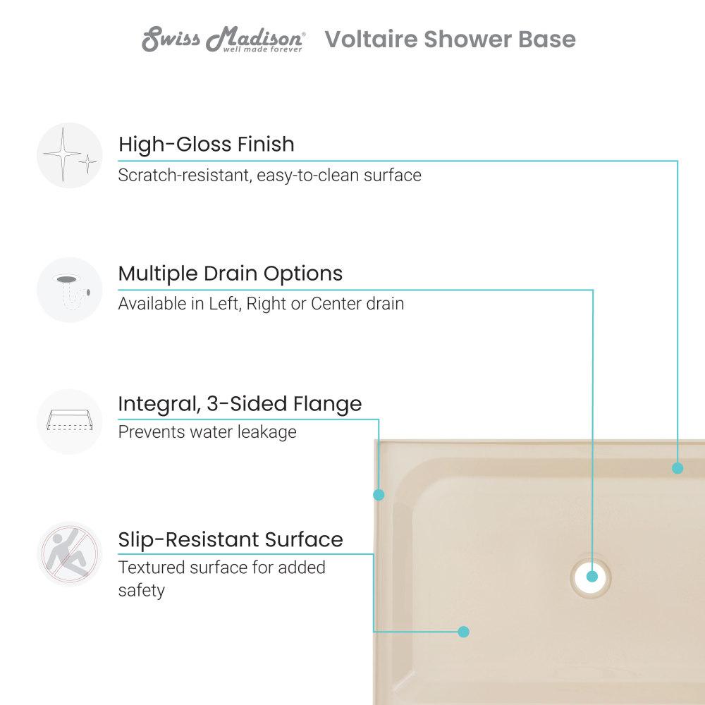 Voltaire 48" x 36" Single-Threshold, Left-Hand Drain, Shower Base in Biscuit. Picture 3