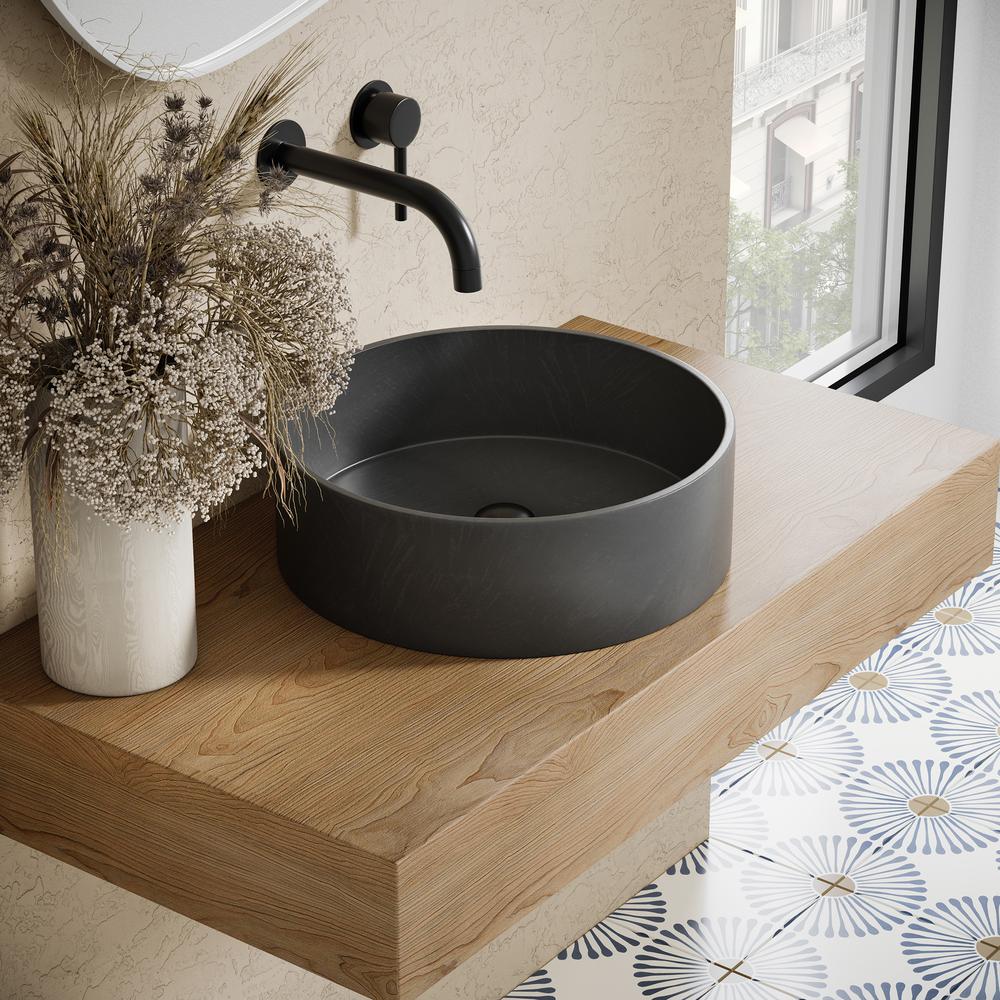 Lisse 14.5” Round Concrete Vessel Bathroom Sink in Dark Grey. Picture 14