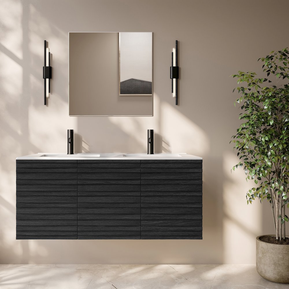 Cascade 48" Wall-Mounted Bathroom Vanity in Black Oak with Double Basin Sink Top. Picture 2