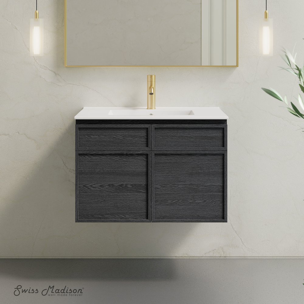 St. Tropez 30" Wall-Mounted Bathroom Vanity in Black Oak with Sink Top. Picture 2