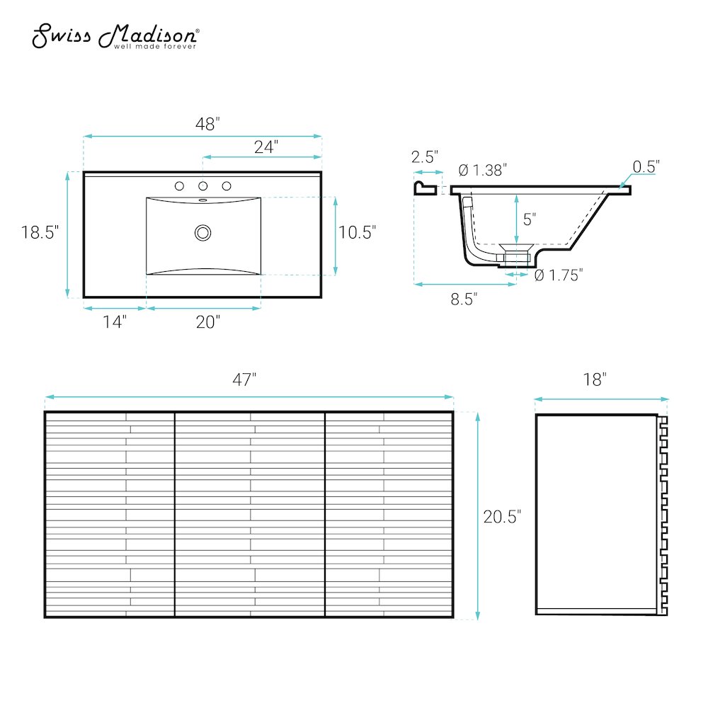 Cascade 48" Wall-Mounted Bathroom Vanity in White Oak with 3-Hole Sink Top. Picture 8
