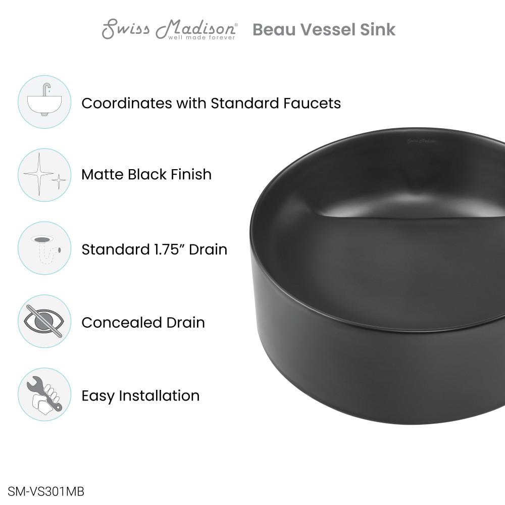 Beau 16.5" Round Vessel Bathroom Sink in Matte Black. Picture 3