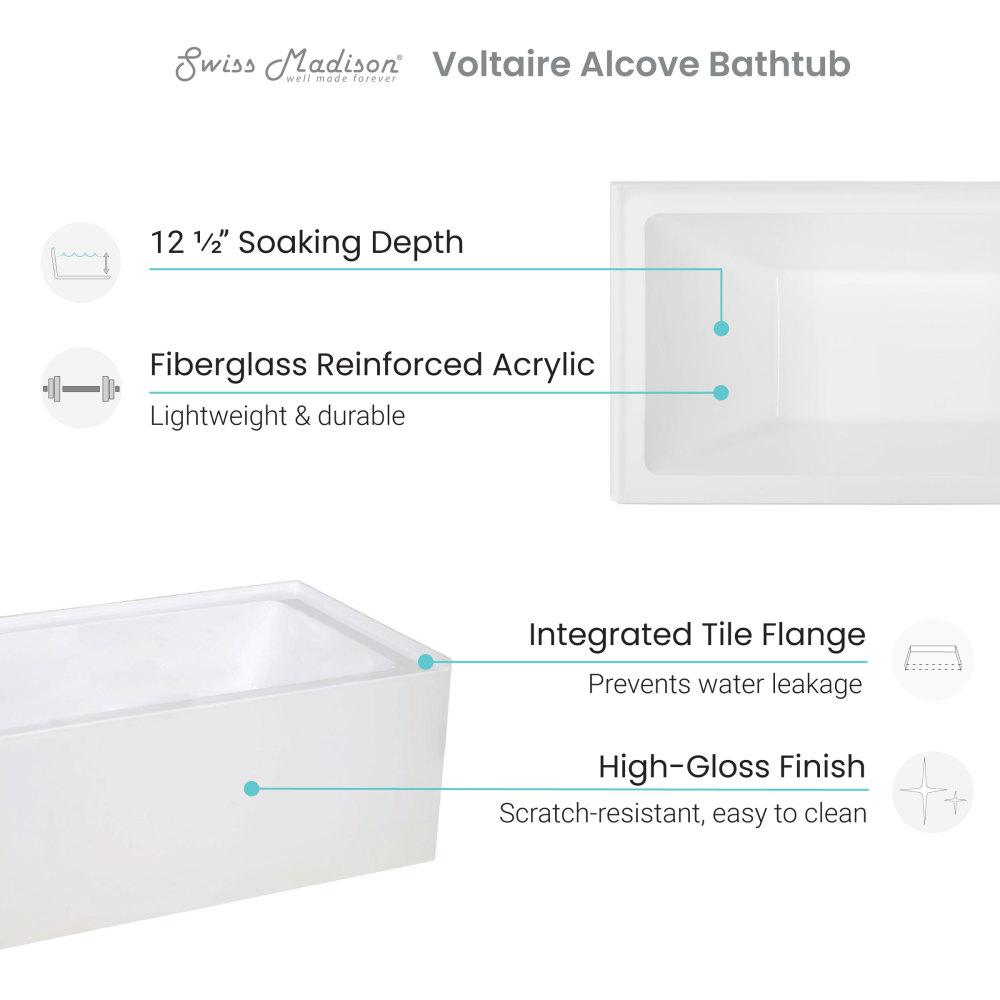 Voltaire 48" x 32" Left-Hand Drain Alcove Bathtub with Apron. Picture 3