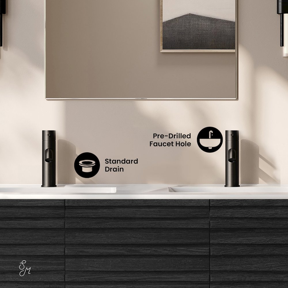 Cascade 48" Wall-Mounted Bathroom Vanity in Black Oak with Double Basin Sink Top. Picture 10