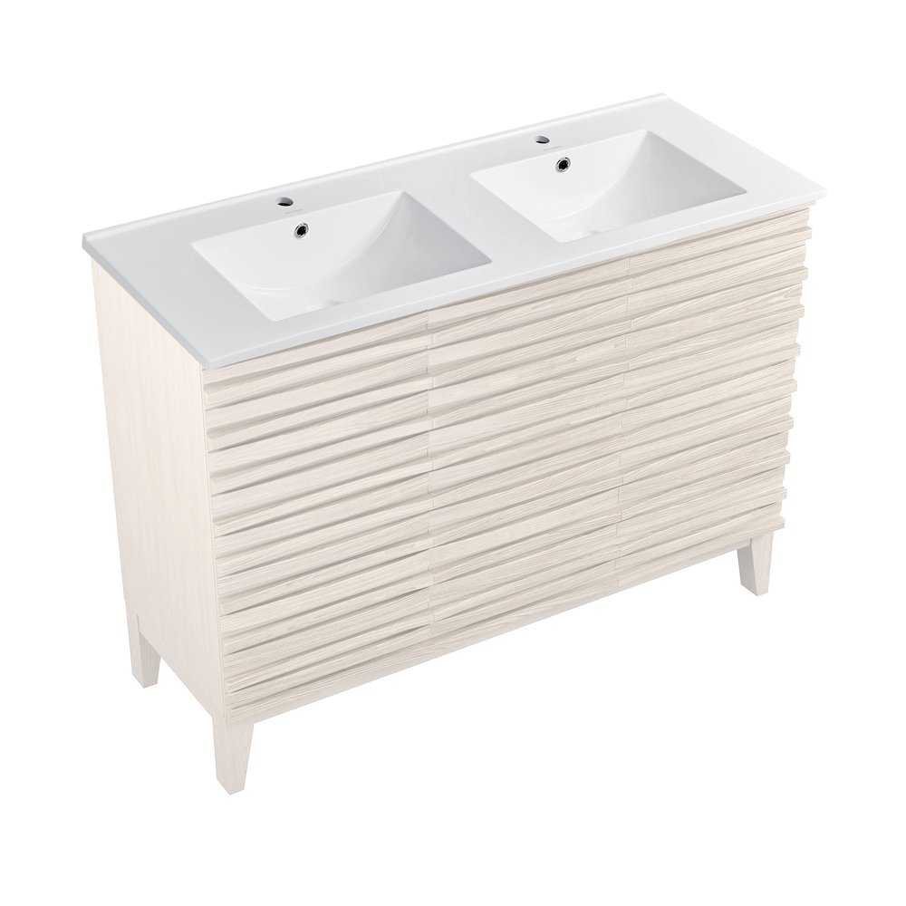 Cascade 48" Freestanding Bathroom Vanity in White Oak with Double Basin Sink Top. Picture 1