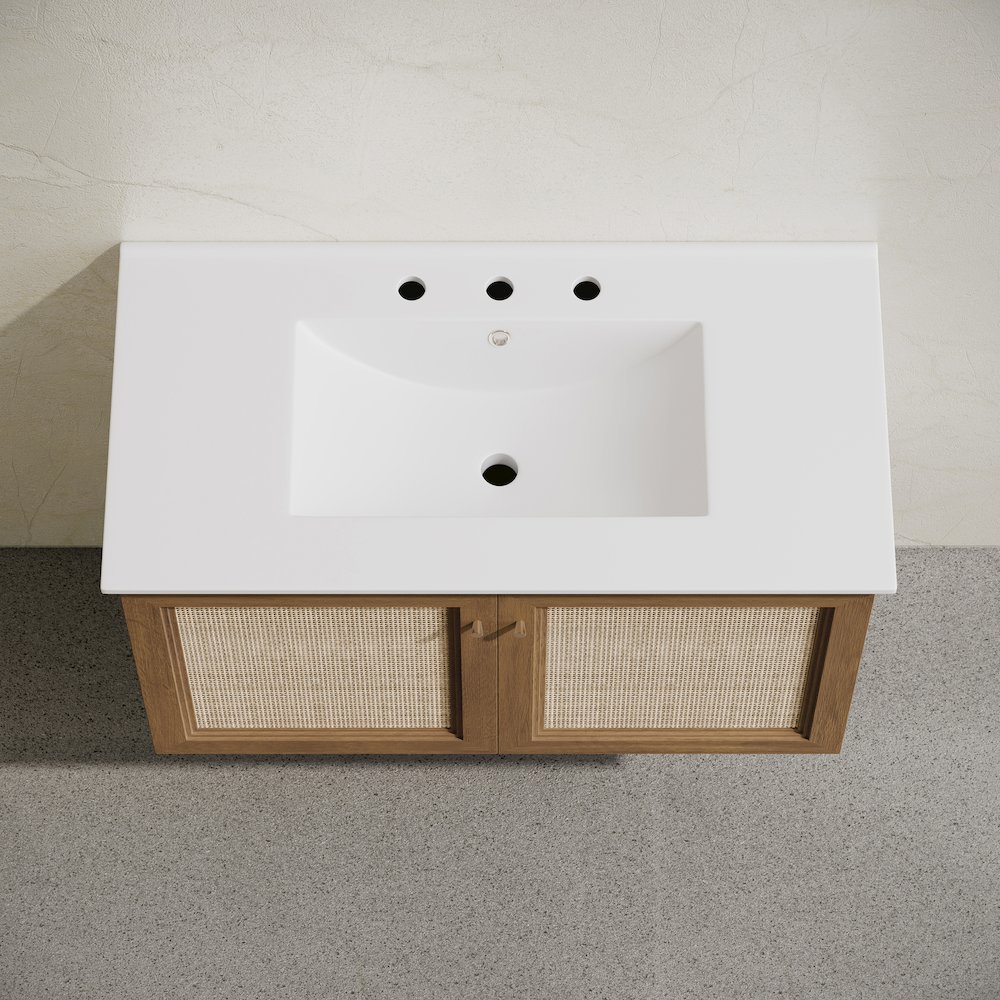 36" Bathroom Vanity in Brown Oak with Widespread Faucet Holes Vanity Top. Picture 3